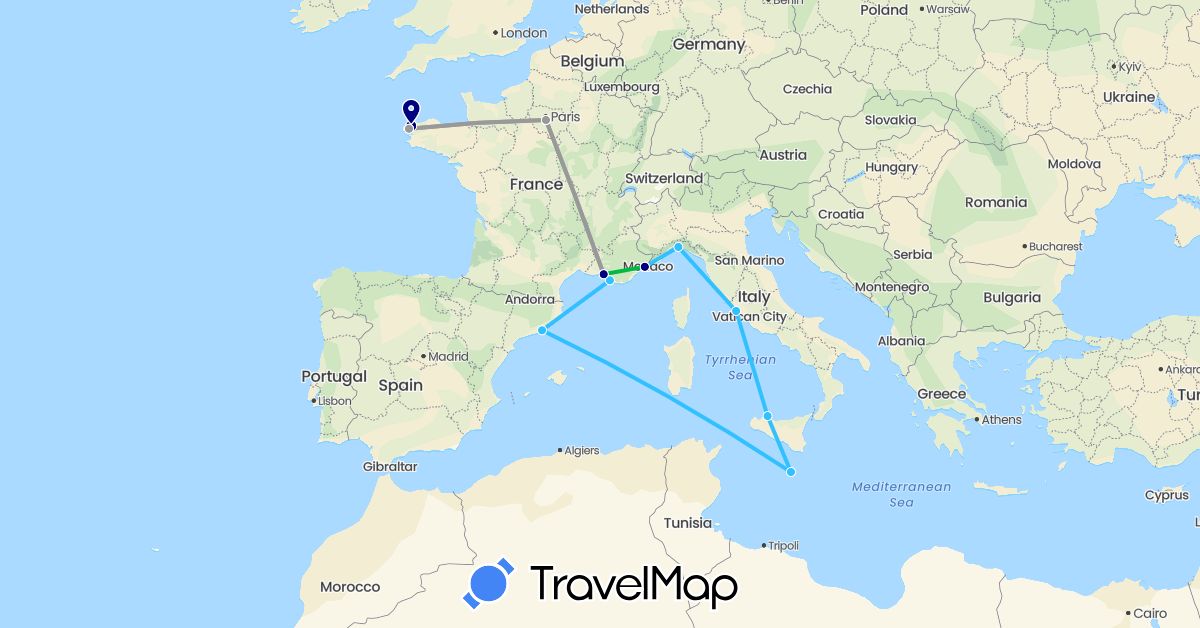 TravelMap itinerary: driving, bus, plane, hiking, boat in Spain, France, Italy, Malta (Europe)
